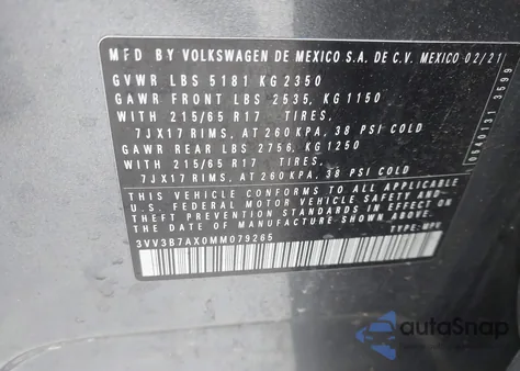 2021 Volkswagen Tiguan 2.0T Se/2.0T Se R-Line Black/2.0T Sel z USA, uszkodzony, nr VIN 3VV3B7AX0MM079265